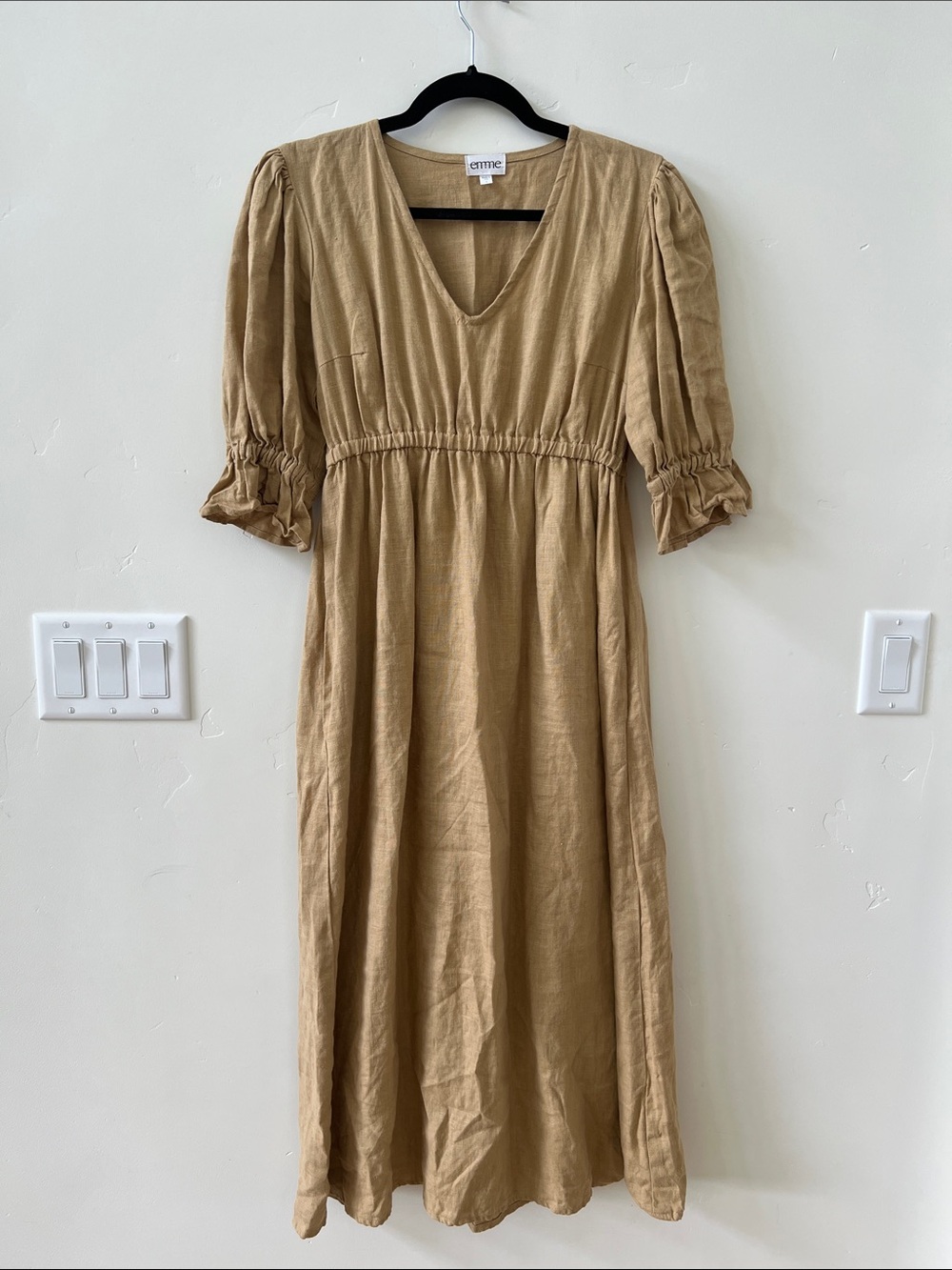 Tan Linen V-Neck Midi Dress